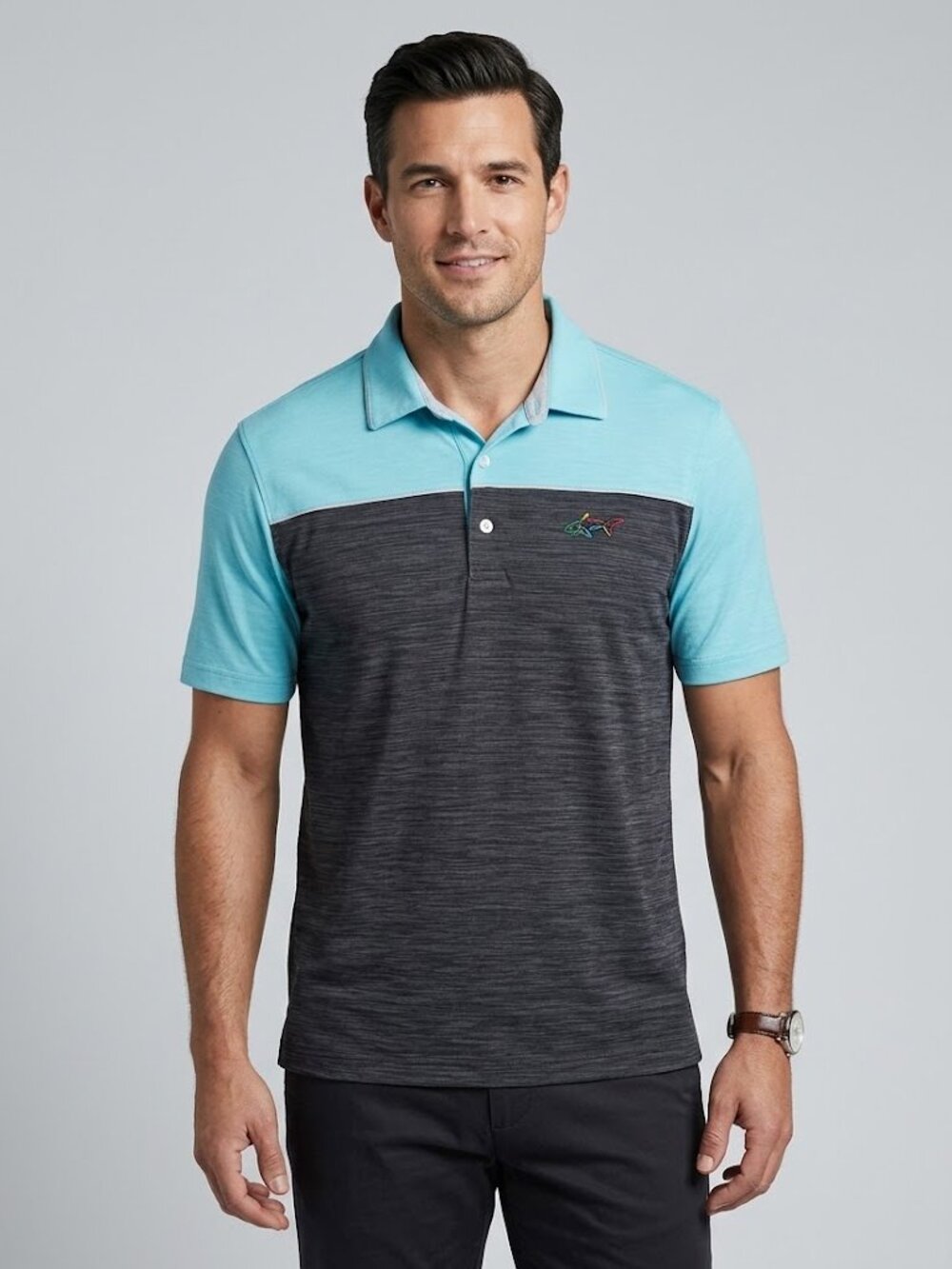 Greg Norman Men's Play Dry Aqua Charcoal Golf Polo Polyester Size M